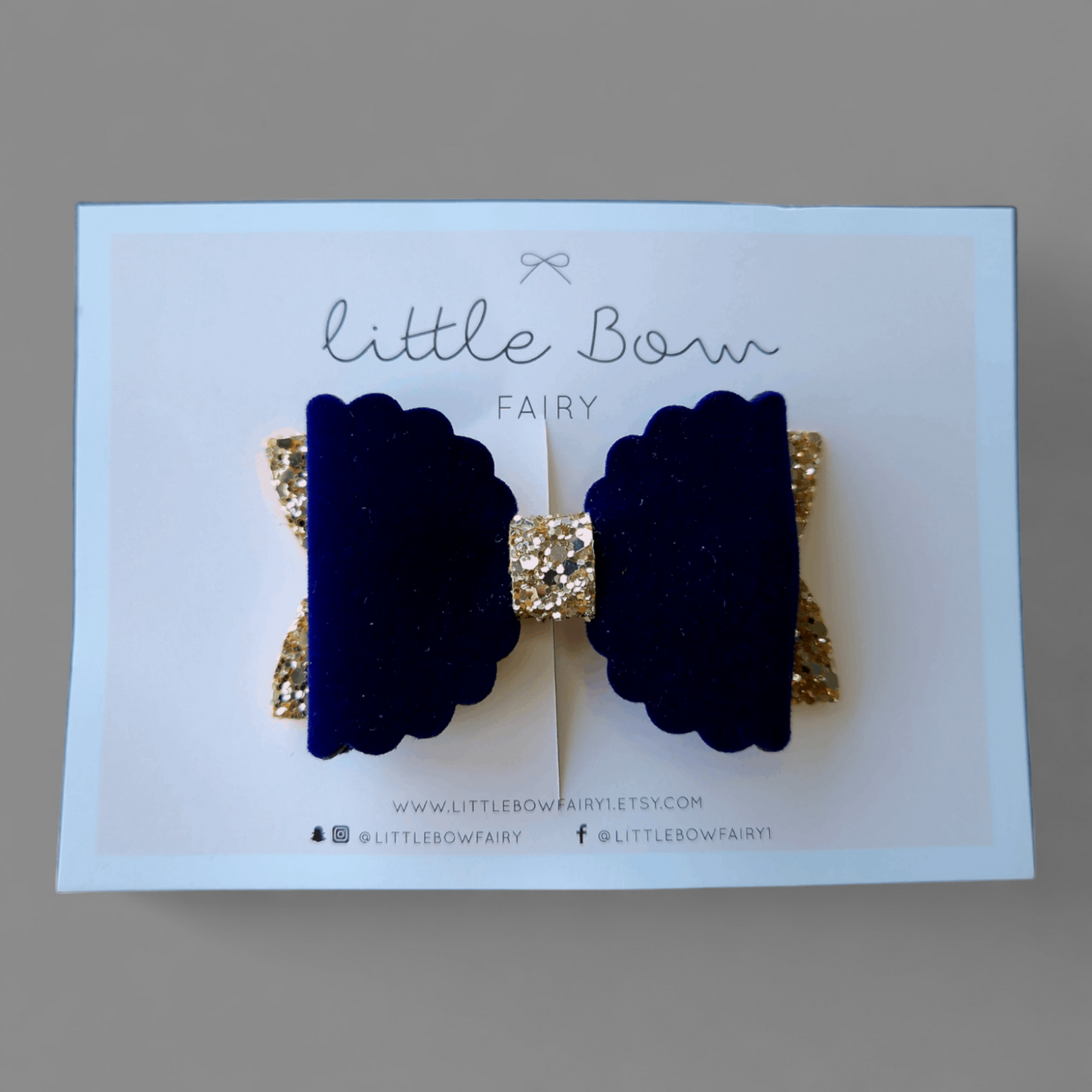 Navy Velvet & Gold Glitter Bow Clip - Large