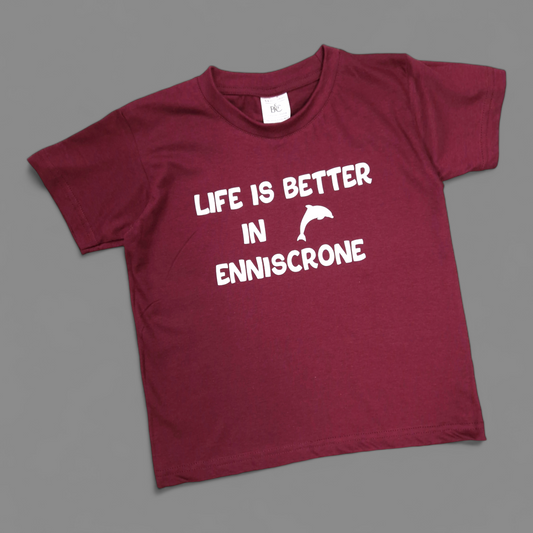T-Shirt - 5-6 Years - Life is Better in Enniscrone (Dolphin) - Burgundy
